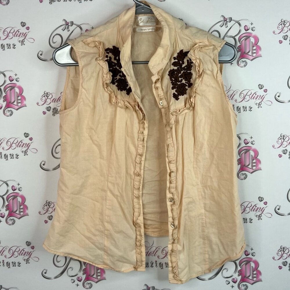 Costa Blanca button up tank top Cream Sleeveless Top with Black Accents
